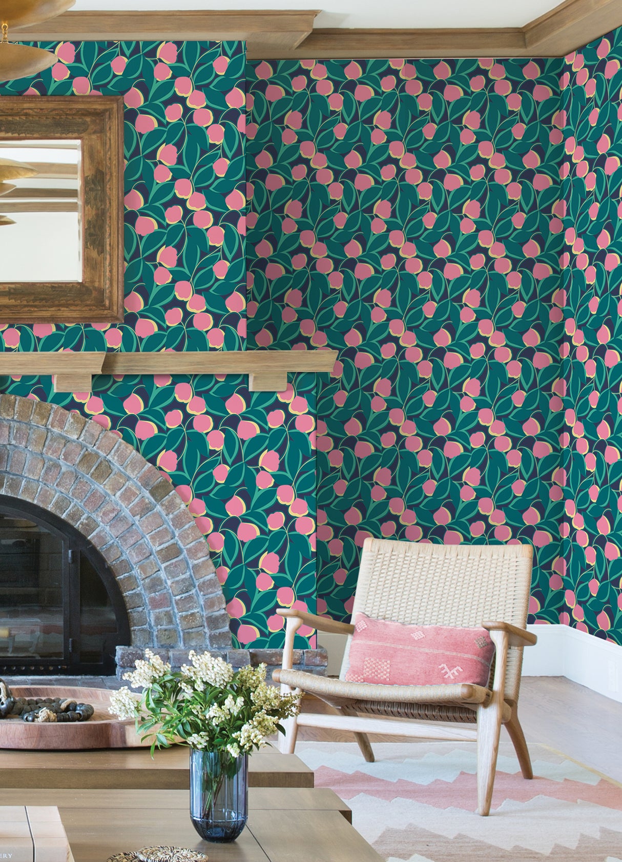 Talia Navy by NuWallpaper Whimsical Pink and Green Botanical Floral Peel and Stick Wallpaper Designed by Megan Carter - MCS6407
