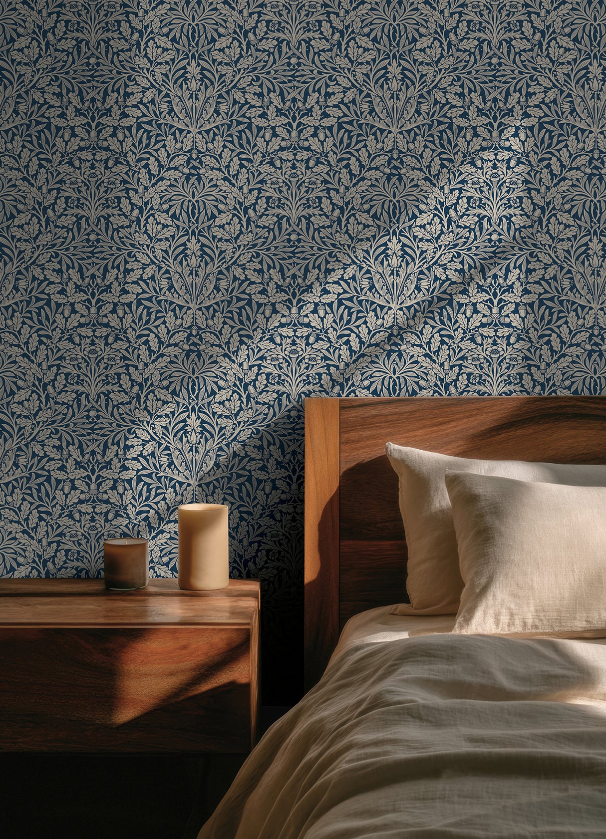 Acorn Indigo by WallPops Morris and Co. Interwoven Leaves and Oak Motifs Botanical Peel and Stick Wallpaper - MCS6586