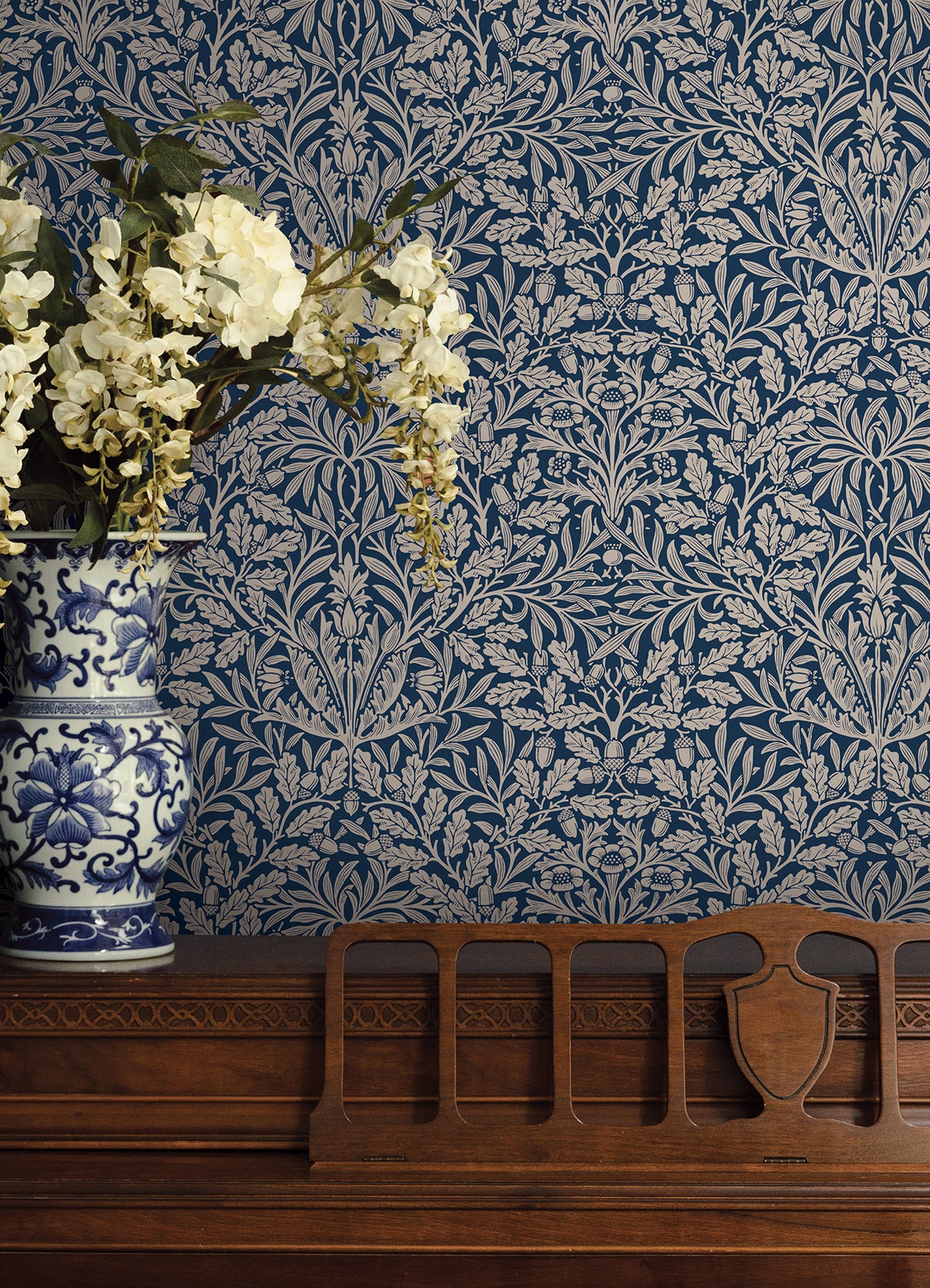 Acorn Indigo by WallPops Morris and Co. Interwoven Leaves and Oak Motifs Botanical Peel and Stick Wallpaper - MCS6586