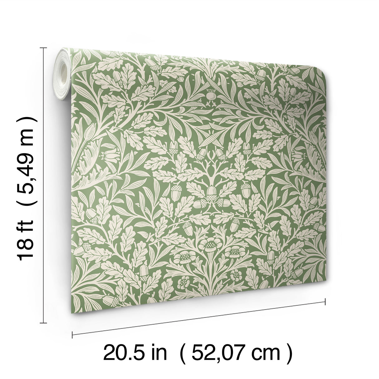 Acorn Forest Green by WallPops Morris and Co. Traditional Botanical Peel and Stick Wallpaper with Interwoven Leaves and Oak Motif - MCS6587