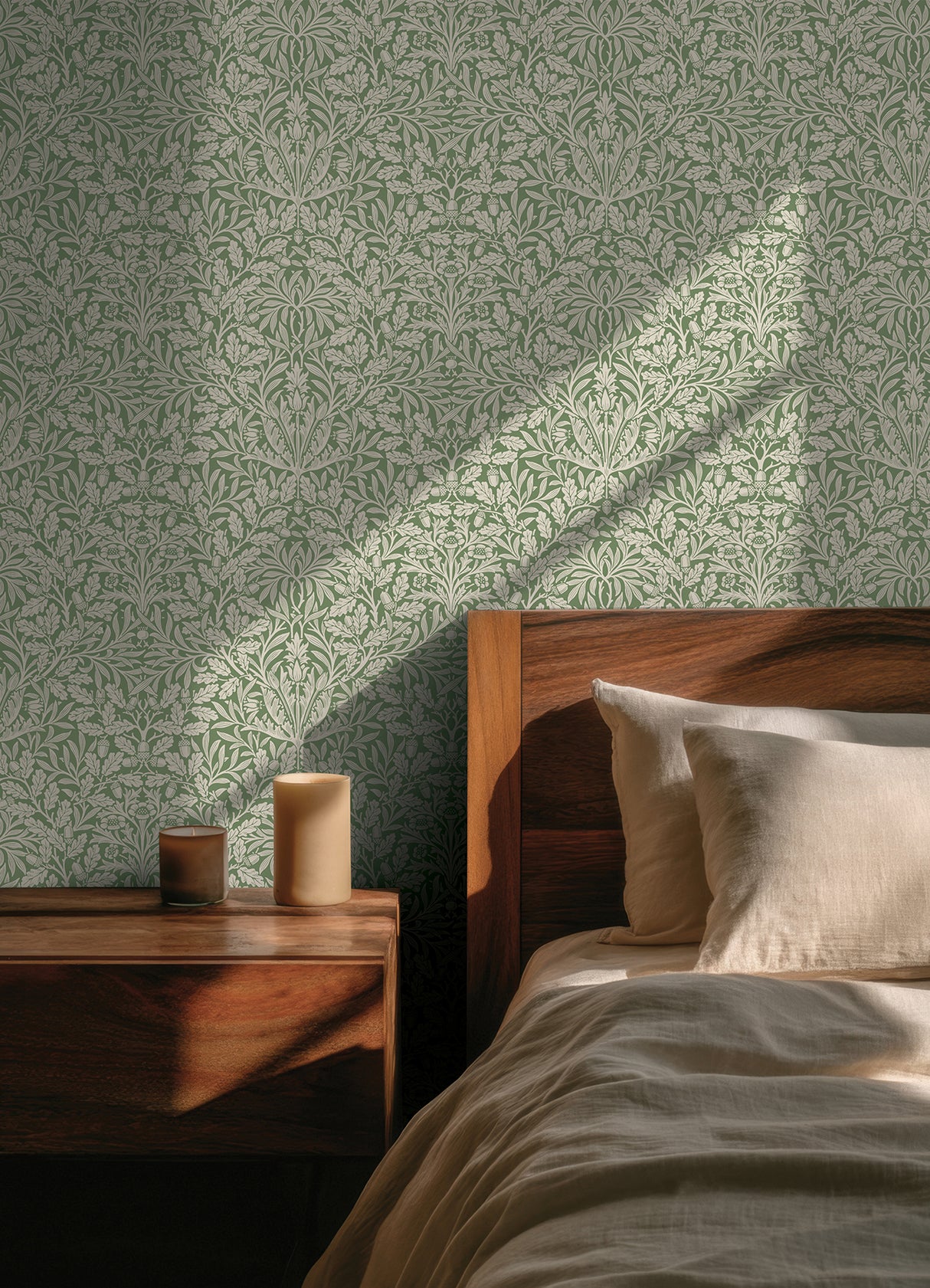 Acorn Forest Green by WallPops Morris and Co. Traditional Botanical Peel and Stick Wallpaper with Interwoven Leaves and Oak Motif - MCS6587
