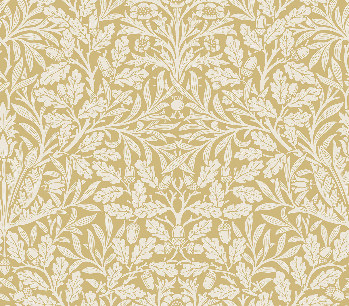 Acorn Cowslip Peel and Stick Wallpaper by Morris & Co x WallPops featuring interwoven oak leaves and acorn motifs in golden yellow and white - MCS6588