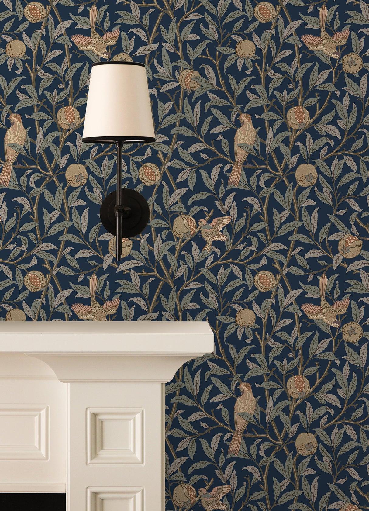 Bird and Pomegranate Indigo by WallPops x Morris and Co. Traditional Botanical Birds and Fruit Peel and Stick Wallpaper - MCS6590