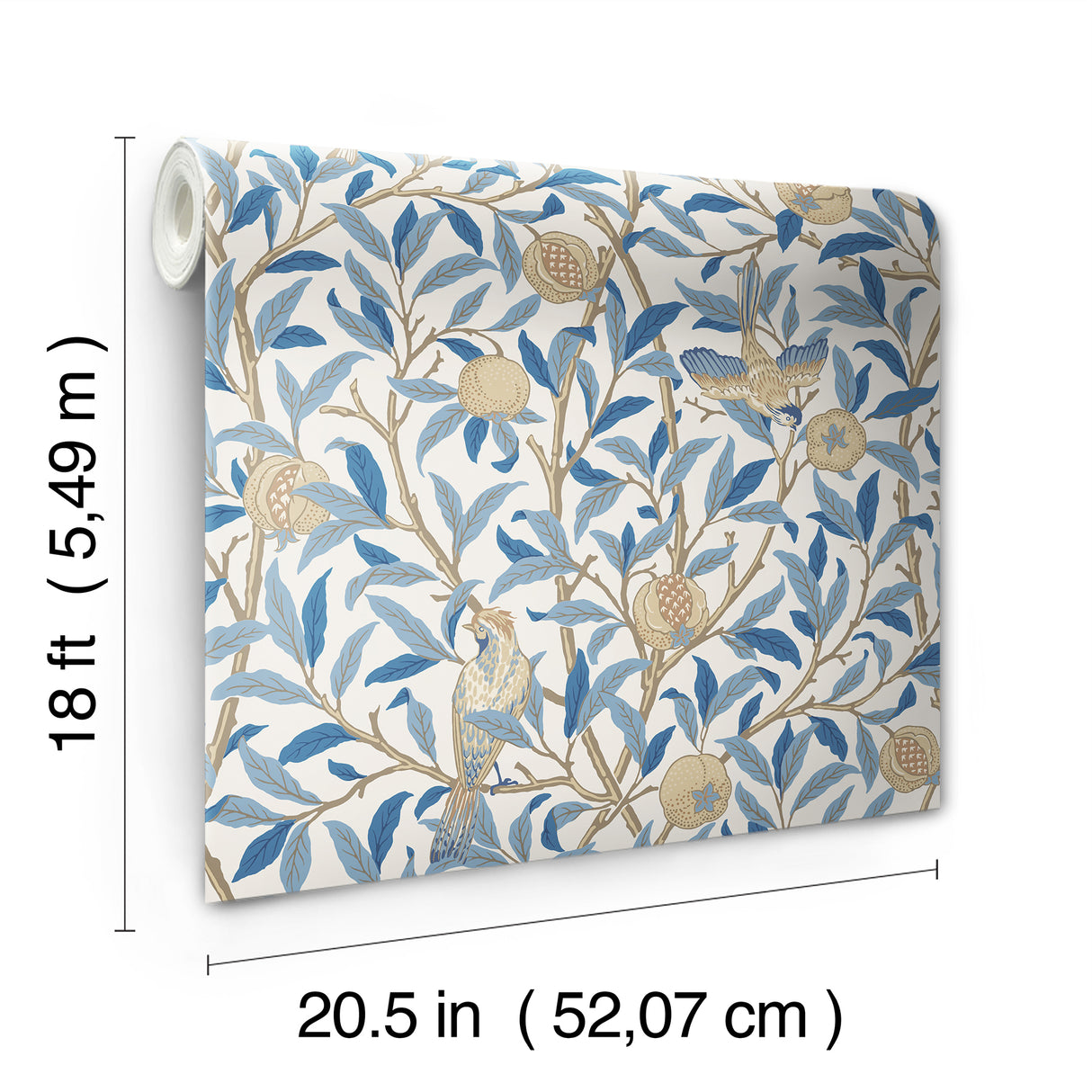 Bird and Pomegranate Woad by WallPops Morris and Co. Traditional Flowing Botanical Birds Fruit and Branches Peel and Stick Wallpaper - MCS6591