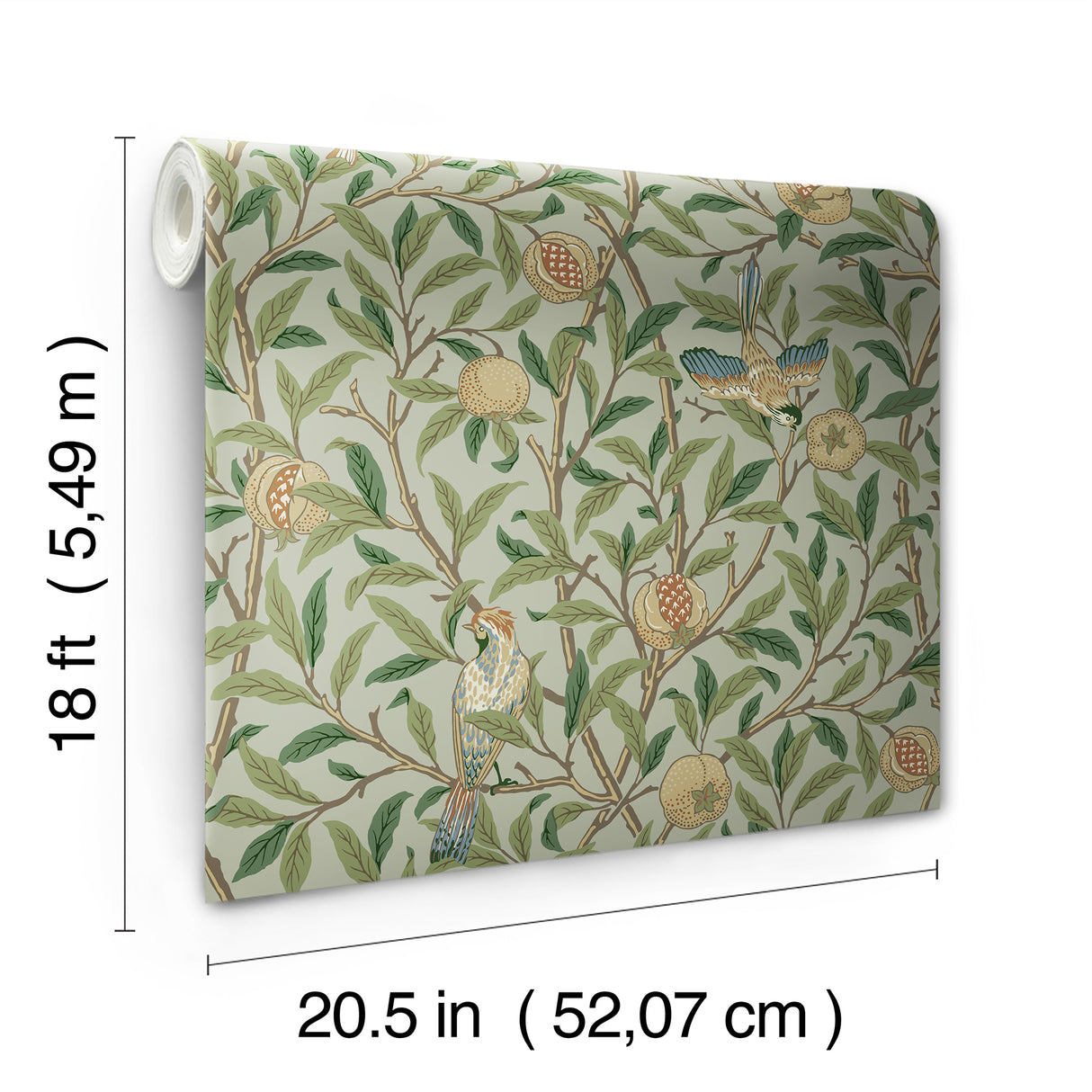 Bird and Pomegranate Bayleaf and Forest Peel and Stick Wallpaper by WallPops x Morris and Co. Botanical Traditional Design - MCS6592