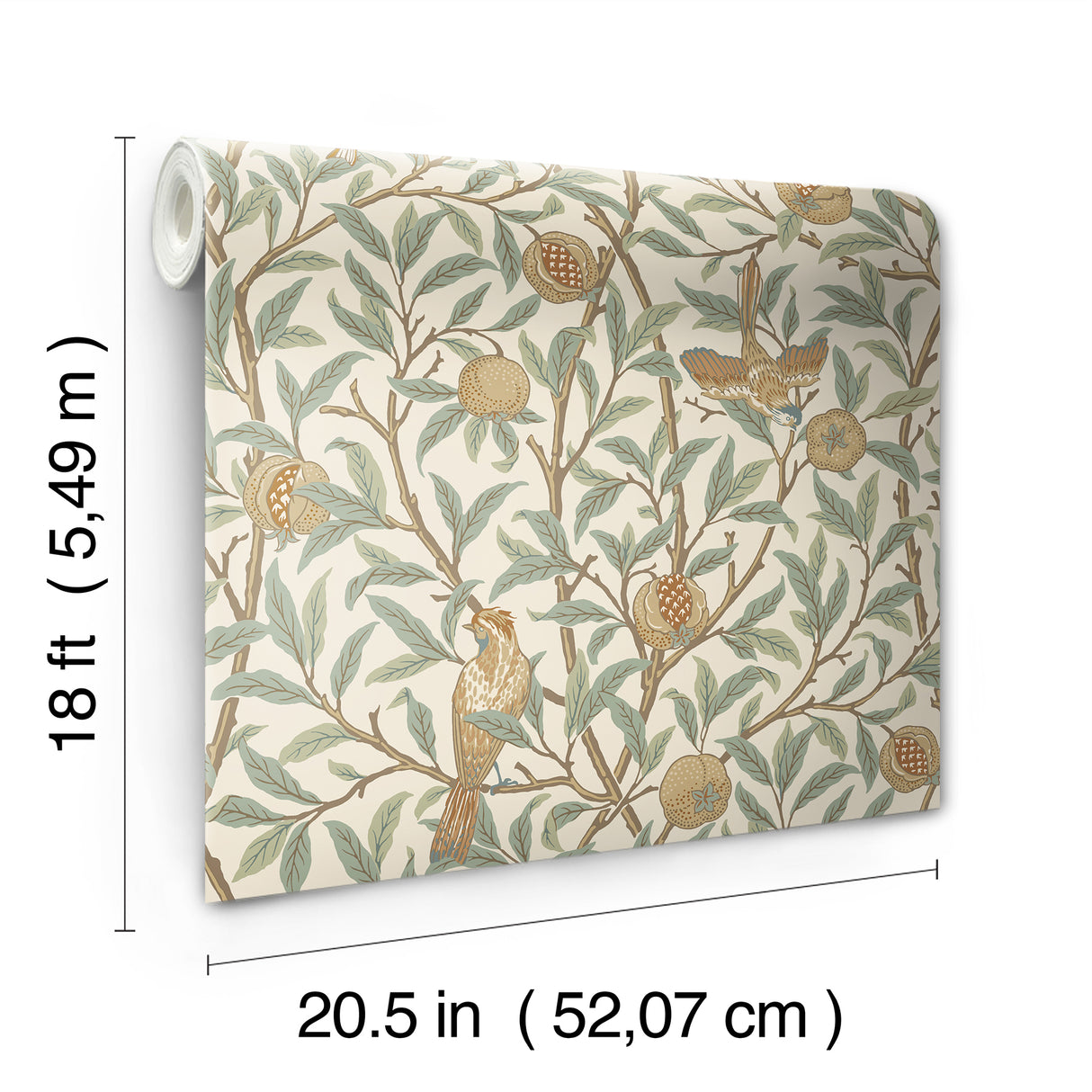 Bird and Pomegranate Linen and Sage Peel and Stick Wallpaper by WallPops Morris and Co. Traditional Botanical Bird and Fruit Design - MCS6593