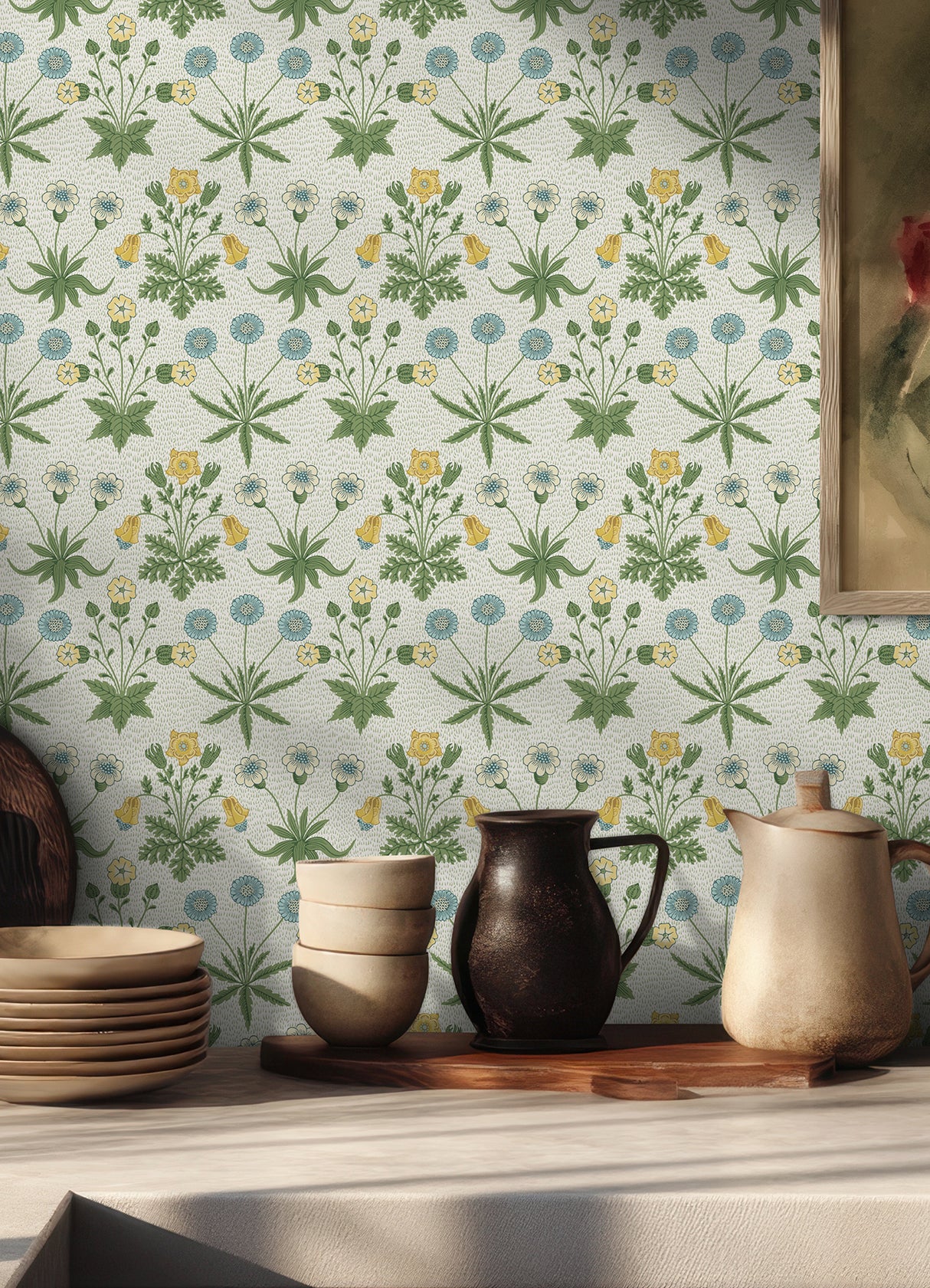 Daisy Saffron and Thyme by WallPops Morris and Co. Peel and Stick NuWallpaper Botanical Floral Traditional Wallpaper Roll 20.5in x 18ft - MCS6595