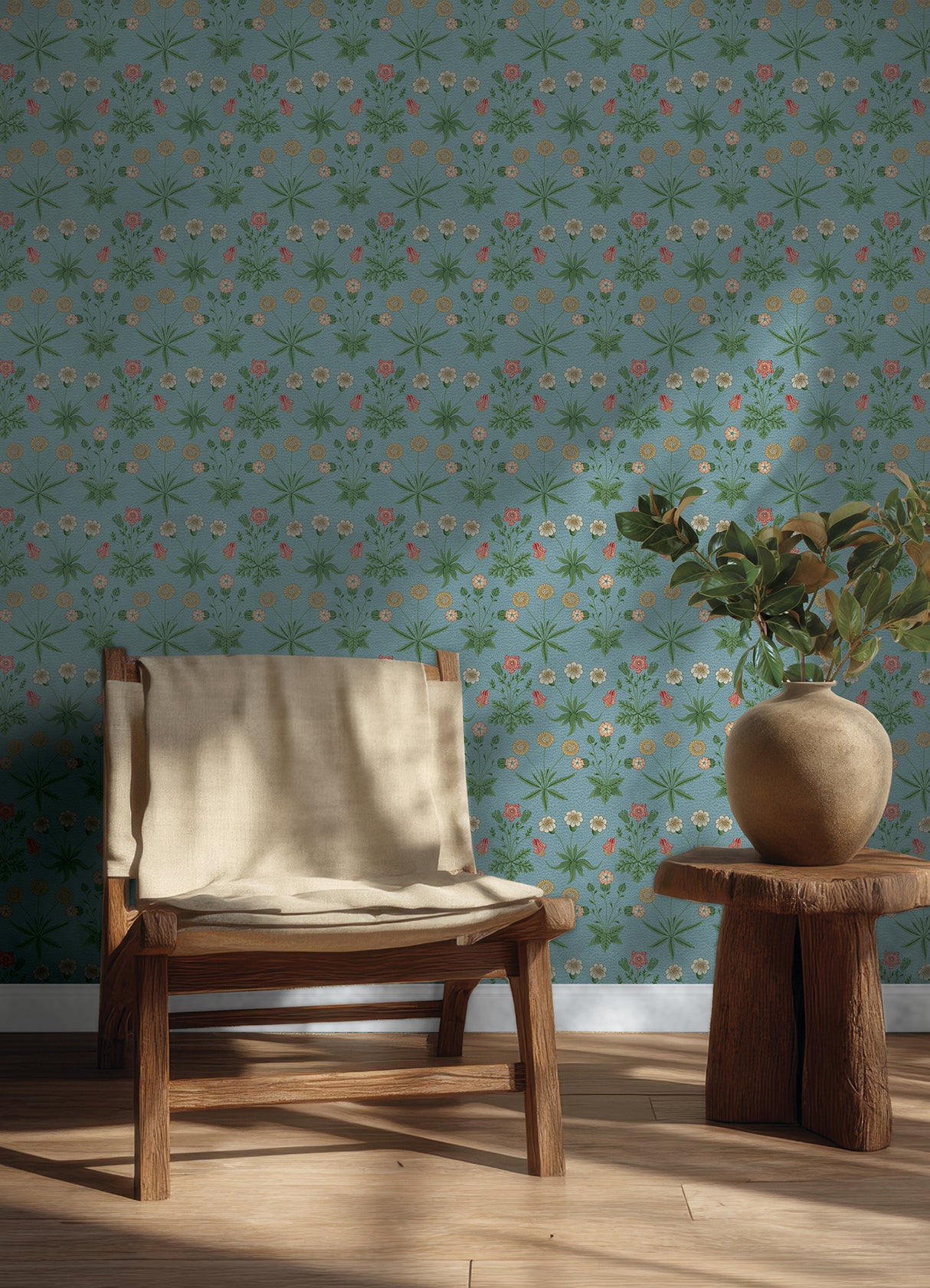 Daisy Wedgwood and Coral by WallPops x Morris and Co. Peel and Stick Traditional Botanical Floral Vinyl Wallpaper Roll 20.5 in x 18 ft - MCS6596