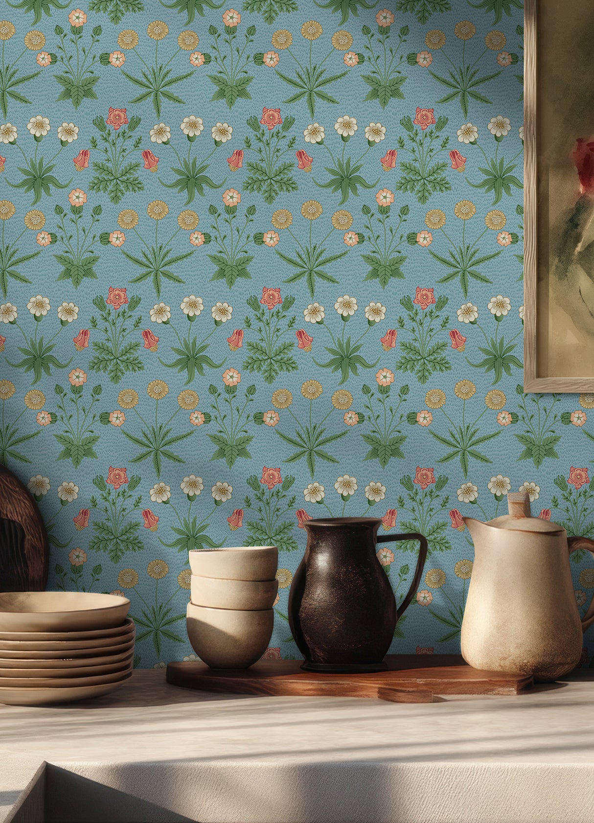 Daisy Wedgwood and Coral by WallPops x Morris and Co. Peel and Stick Traditional Botanical Floral Vinyl Wallpaper Roll 20.5 in x 18 ft - MCS6596