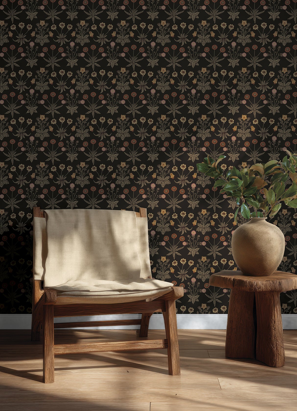 Daisy Chocolate and Paprika by WallPops x Morris and Co. Traditional Botanical Floral Peel and Stick Wallpaper Roll 20.5 in x 18 ft - MCS6598