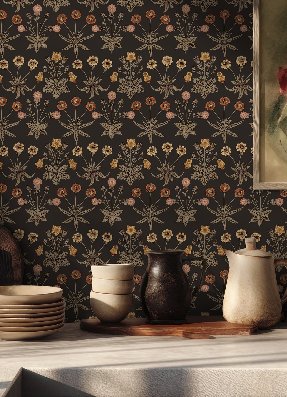 Daisy Chocolate and Paprika by WallPops x Morris and Co. Traditional Botanical Floral Peel and Stick Wallpaper Roll 20.5 in x 18 ft - MCS6598