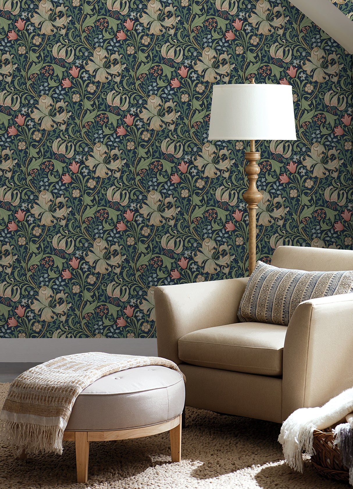 Golden Lily Indigo and Rose Peel and Stick Wallpaper by WallPops x Morris & Co. Classic Botanical Floral NuWallpaper - MCS6602