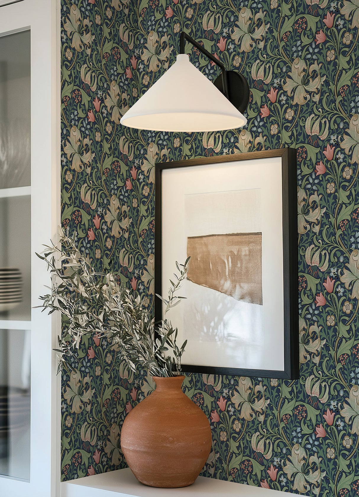Golden Lily Indigo and Rose Peel and Stick Wallpaper by WallPops x Morris & Co. Classic Botanical Floral NuWallpaper - MCS6602