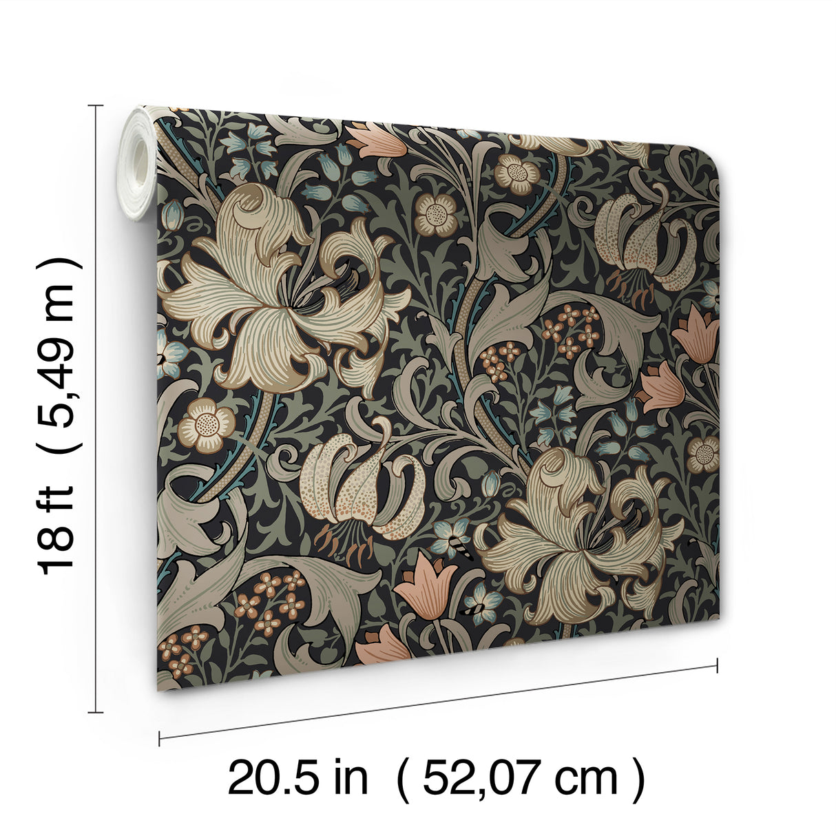Golden Lily Charcoal and Coral by WallPops Morris and Co. Peel and Stick Heritage Traditional Botanical Floral Lily and Leaf Wallpaper - MCS6603