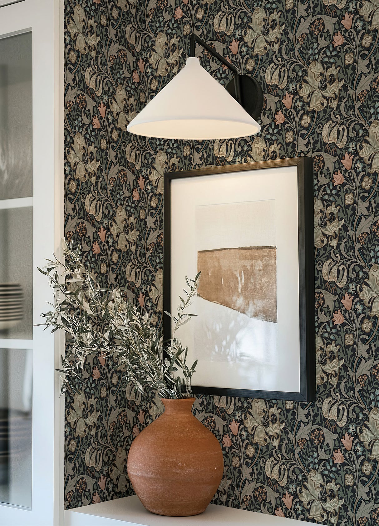 Golden Lily Charcoal and Coral by WallPops Morris and Co. Peel and Stick Heritage Traditional Botanical Floral Lily and Leaf Wallpaper - MCS6603