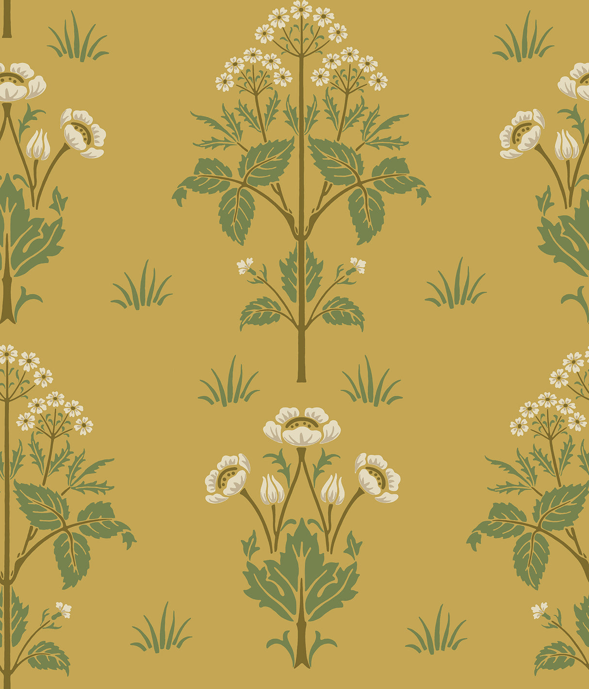 Meadow Sweet Saffron and Thyme Peel and Stick Wallpaper by WallPops x Morris and Co. featuring tall meadow blooms and soft greenery on a golden saffron background in an Arts and Crafts style - MCS6607