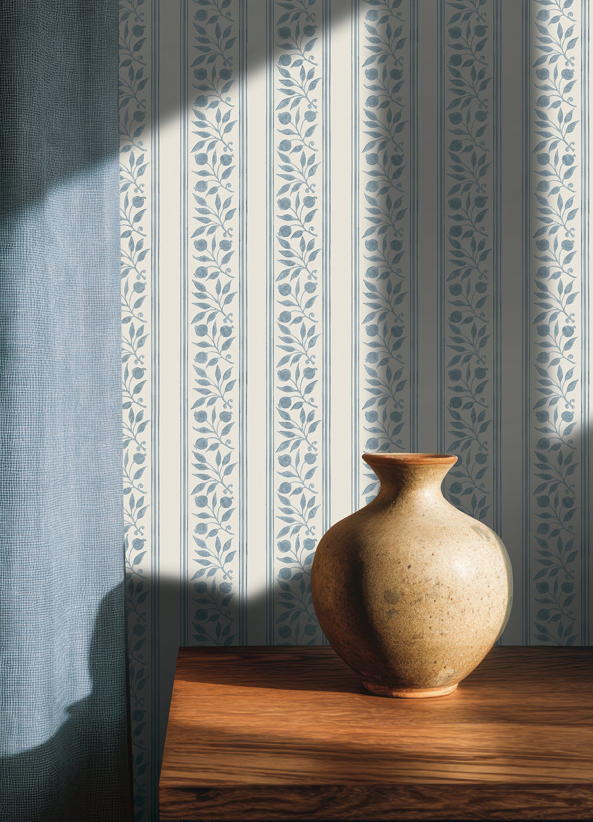 Rosehip Stripe China Blue by WallPops Morris and Co. Traditional Botanical Floral Stripe Peel and Stick Wallpaper - MCS6609