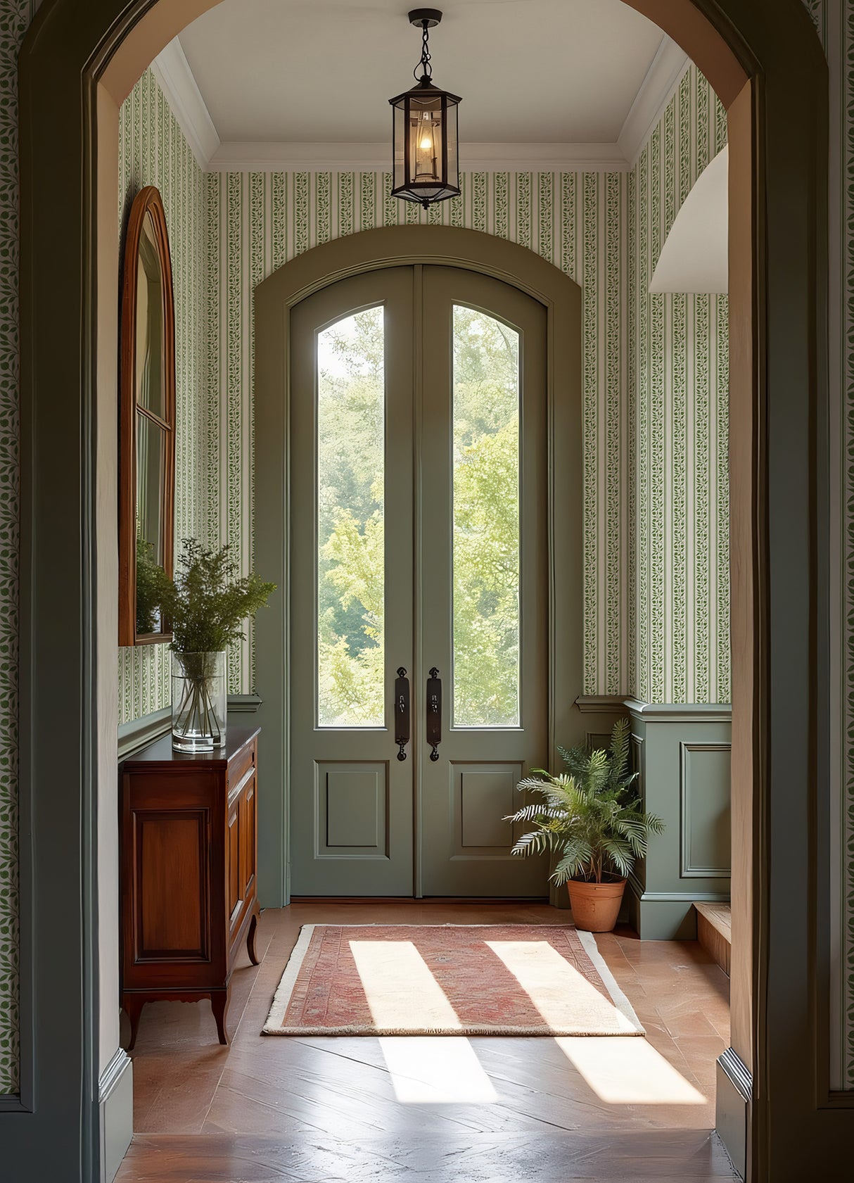 Rosehip Stripe Boughs Green by WallPops Morris and Co Heritage Botanical Trailing Leaf Vertical Stripe Peel and Stick Wallpaper - MCS6610