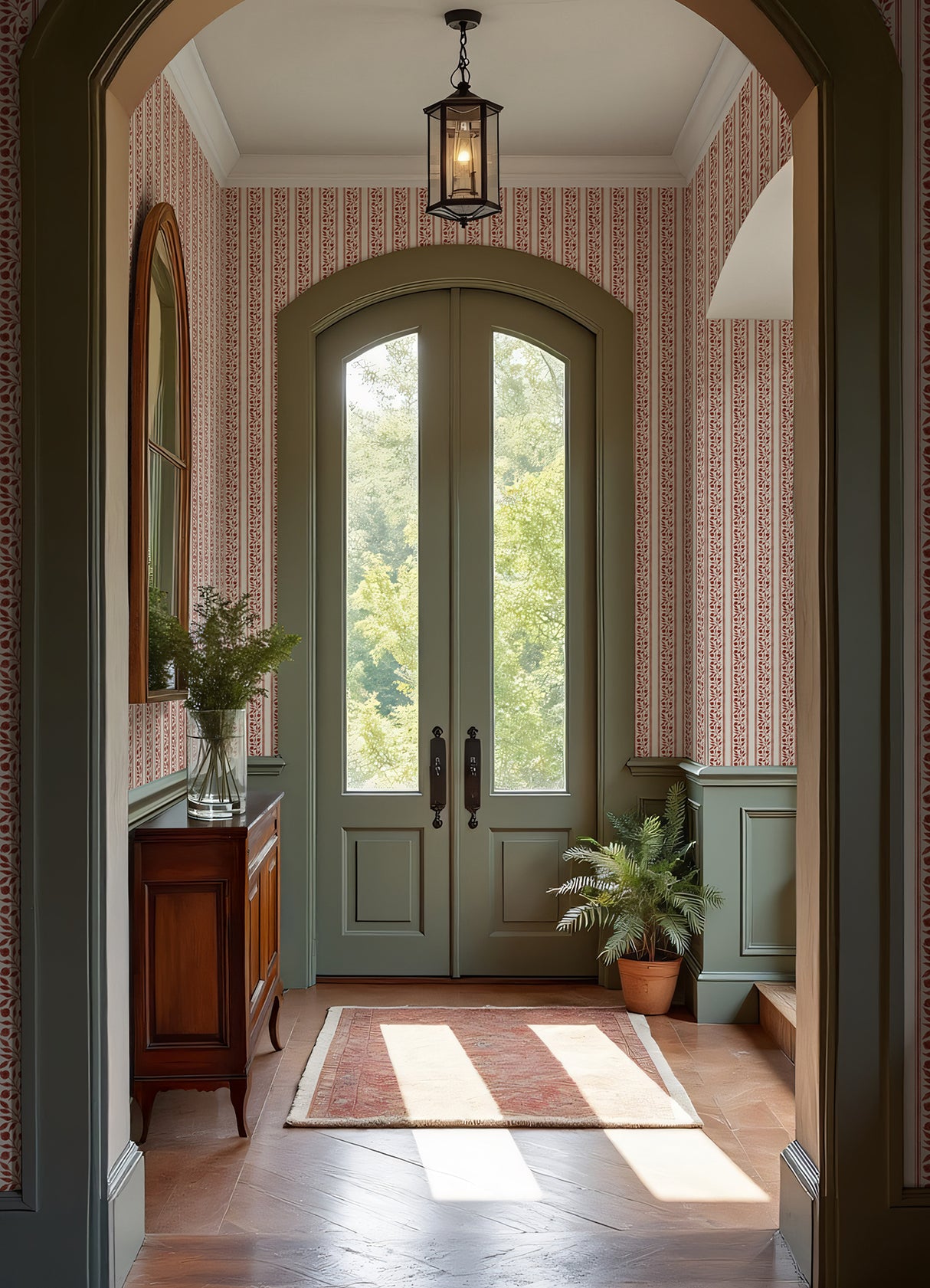 Rosehip Stripe Madder by WallPops x Morris & Co. Traditional Botanical Stripe Peel and Stick Wallpaper 20.5 In x 18 Ft Roll - MCS6612