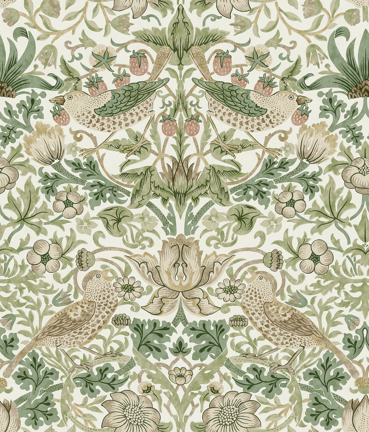 Strawberry Thief Fennel Peel and Stick Wallpaper by Morris & Co x WallPops - MCS6613, traditional botanical bird and floral pattern in soft green and cream tones
