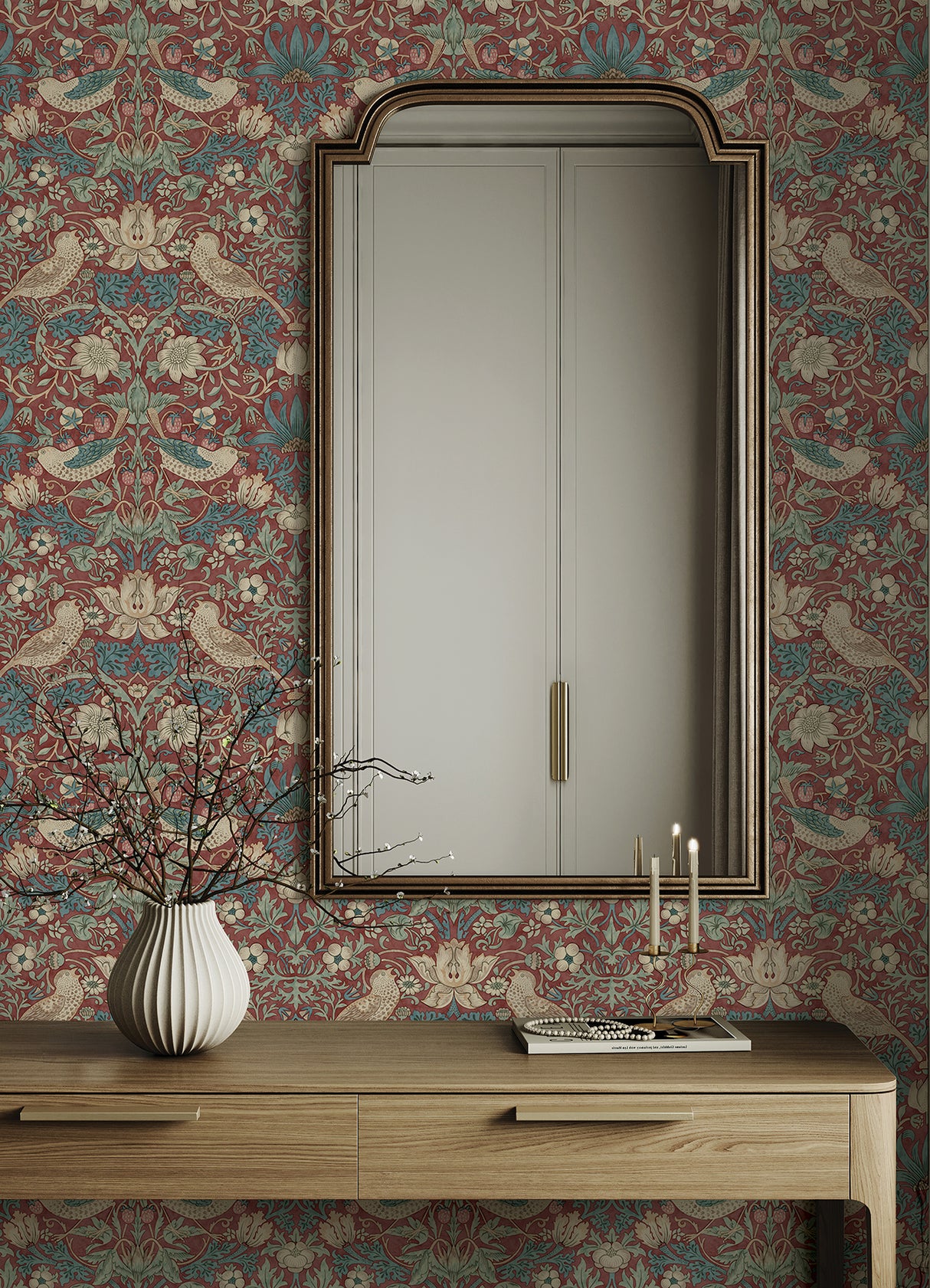 Strawberry Thief Madder by WallPops Morris and Co. Traditional Birds Botanical Peel and Stick Removable Wallpaper Roll - MCS6614