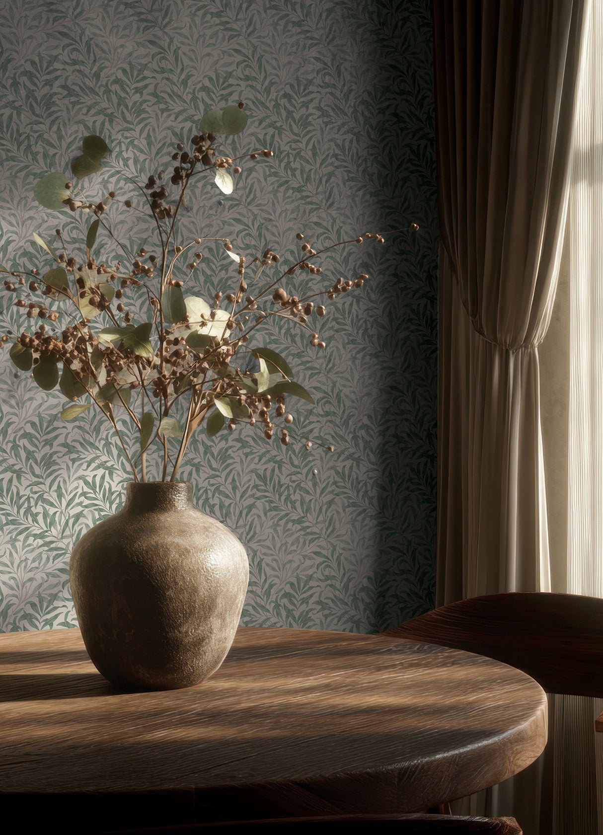Willow Boughs Bayleaf by WallPops Morris and Co Traditional Botanical Fluid Curving Willow Leaf Peel and Stick Wallpaper - MCS6619