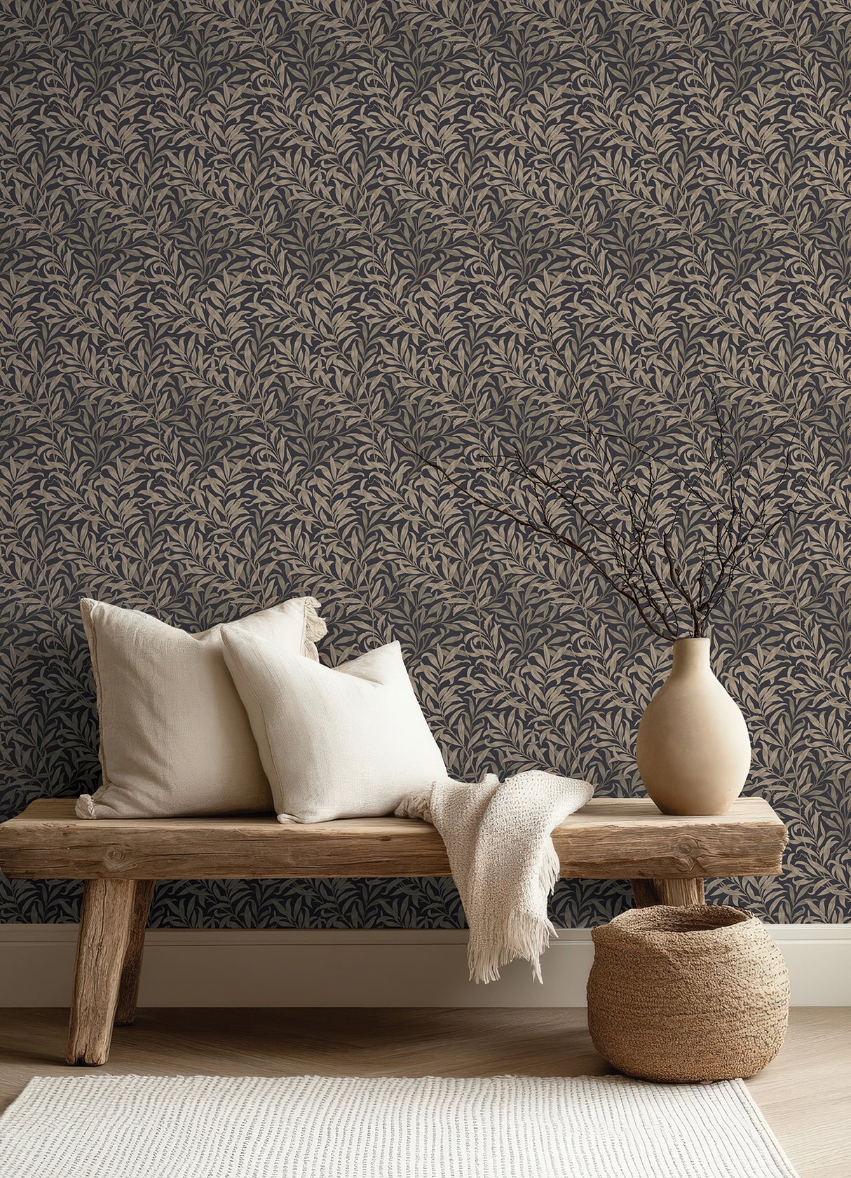 Willow Boughs Charcoal Peel and Stick NuWallpaper by WallPops x Morris & Co Classic Botanical Willow Leaf Traditional Pattern - MCS6621
