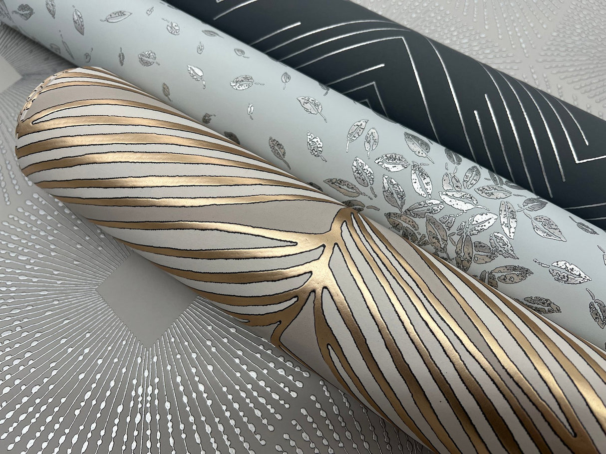 Petite Leaves Spa & Silver Wallpaper with Metallic Botanical Leaf Motif - York MD7101