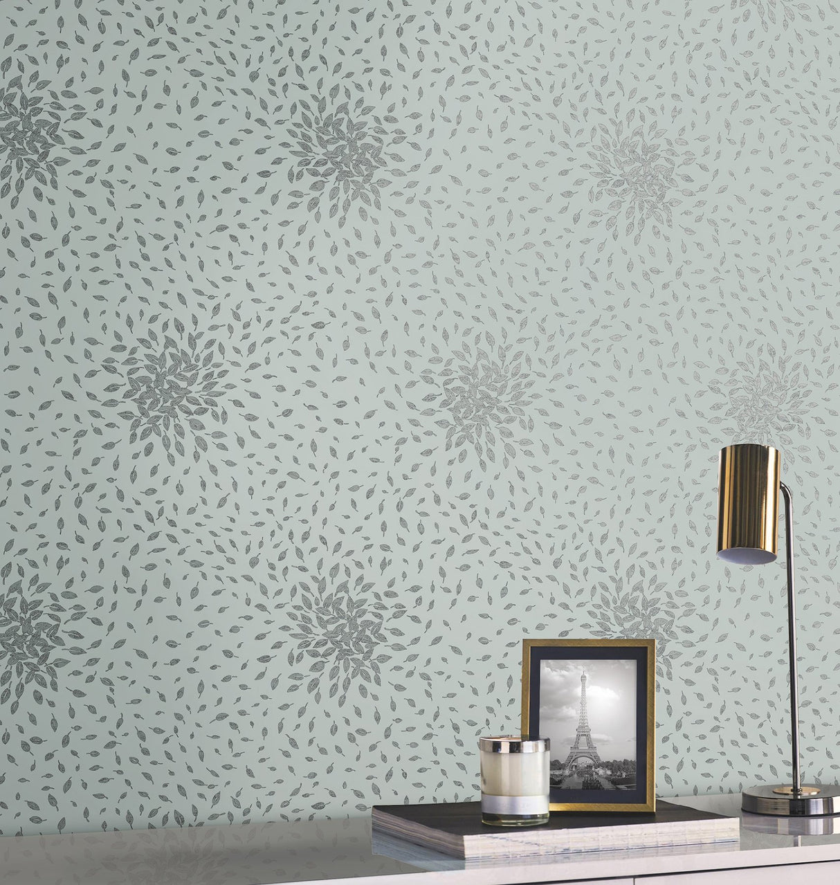 Petite Leaves Spa & Silver Wallpaper with Metallic Botanical Leaf Motif - York MD7101