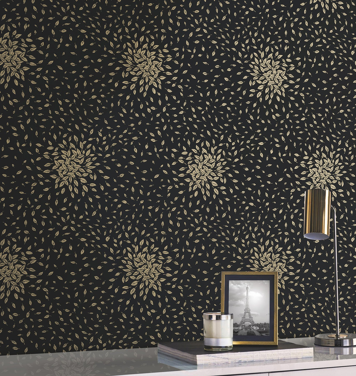 Petite Leaves Black & Gold Metallic Botanical Wallpaper - York MD7102