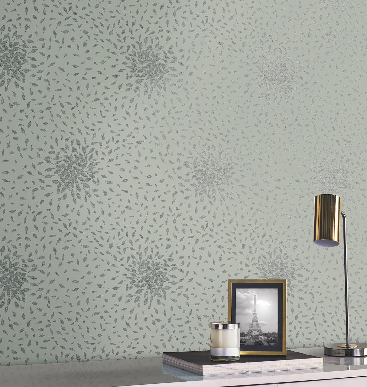 Petite Leaves Eucalyptus & Silver Wallpaper with Metallic Botanical Motif - York MD7104