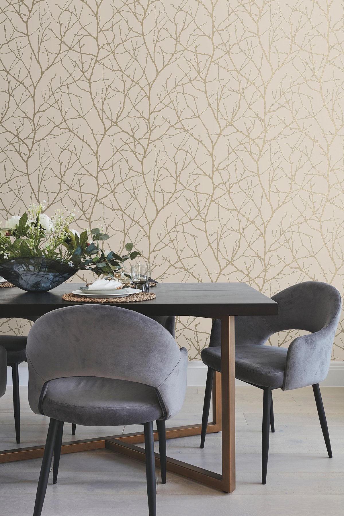 Trees Silhouette Beige & Gold Wallpaper with Metallic Branch Pattern, Modern Style - York MD7122