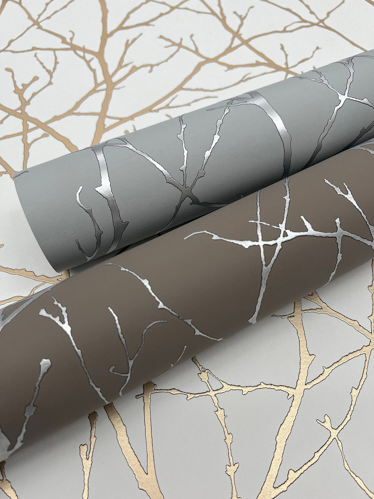 Trees Silhouette Smokey Blue & Silver Wallpaper with Metallic Botanical Branch Motif - York MD7123