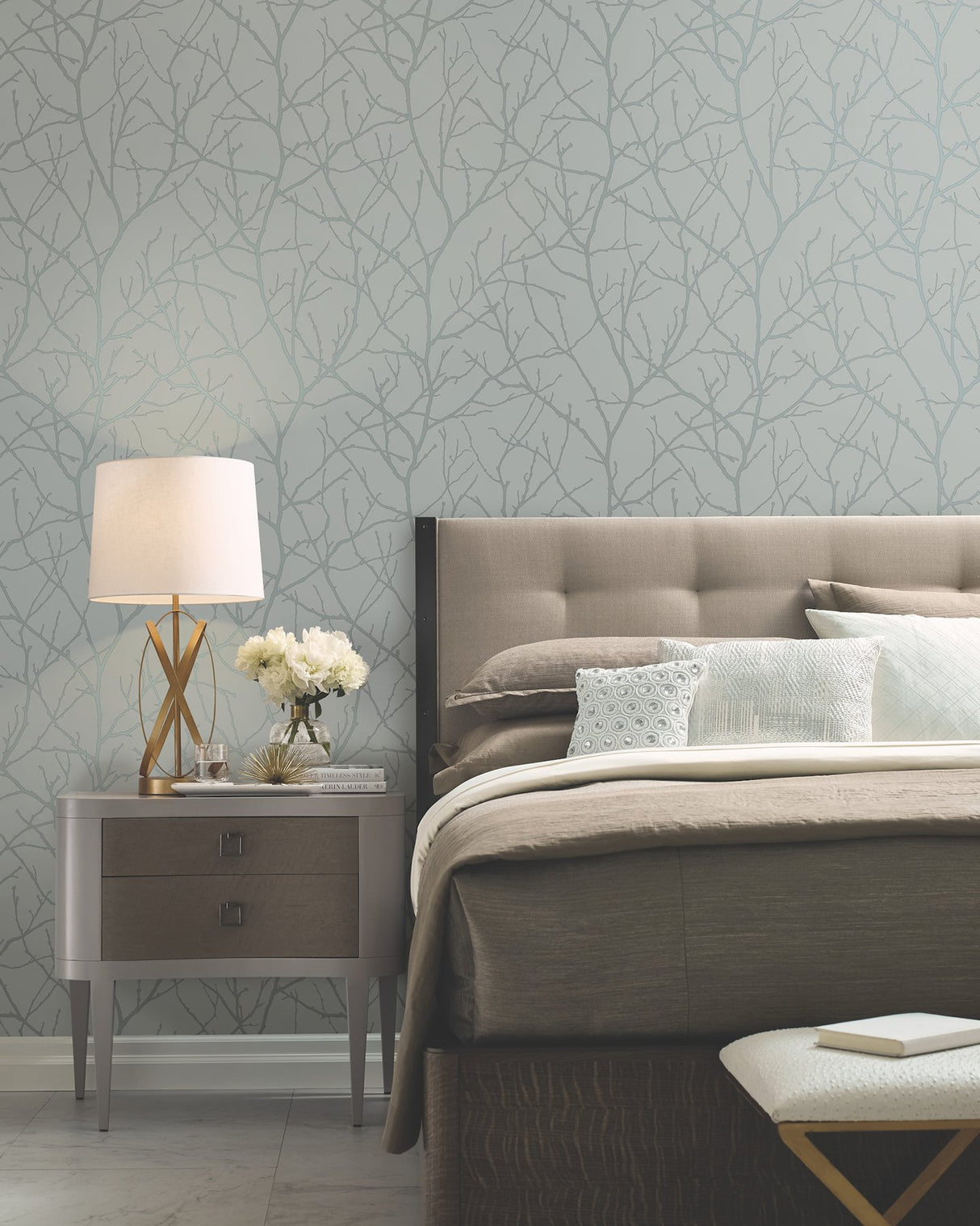 Trees Silhouette Smokey Blue & Silver Wallpaper with Metallic Botanical Branch Motif - York MD7123
