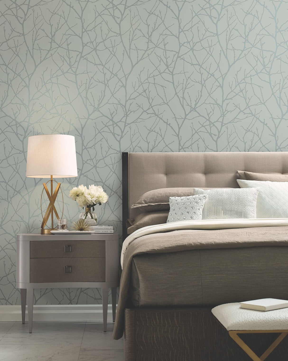 Trees Silhouette Eucalyptus & Silver Metallic Botanical Non Woven Wallpaper - York MD7124