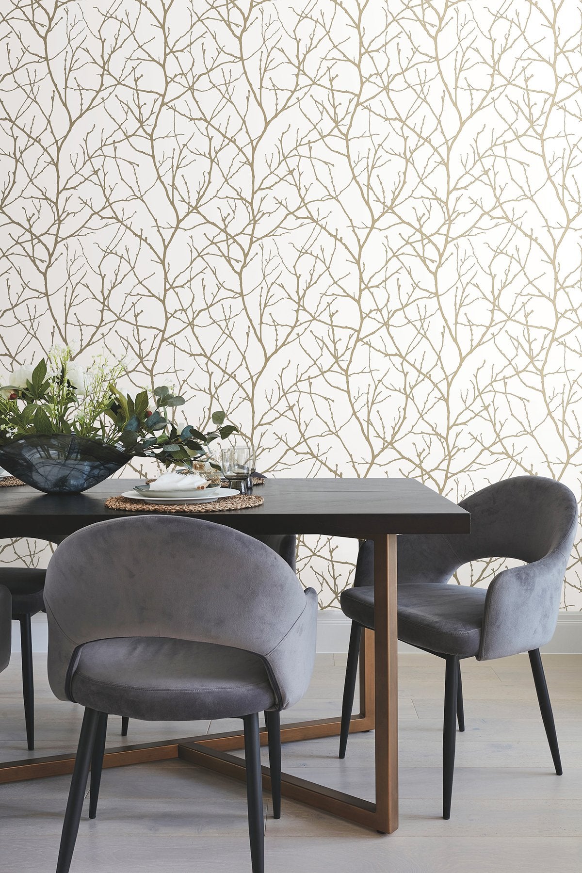 Trees Silhouette White & Gold Wallpaper with Metallic Branch Pattern - York MD7126