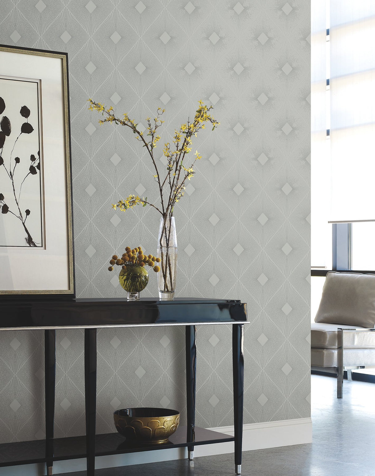 Harlowe Light Grey & Silver Geometric Metallic Non Woven Wallpaper - York MD7132