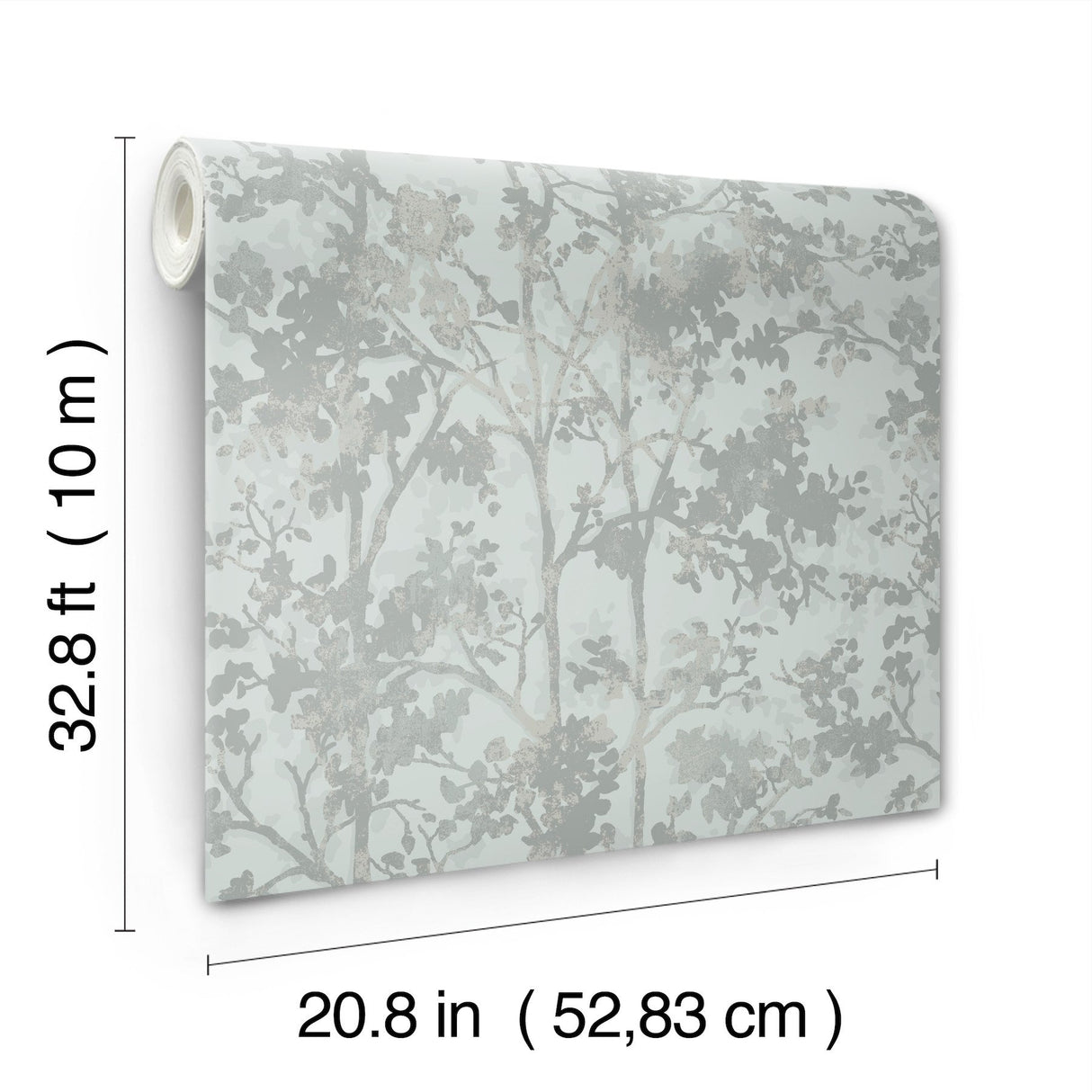 Shimmering Foliage Spa & Silver Wallpaper with Metallic Botanical Tree Motif - York MD7142