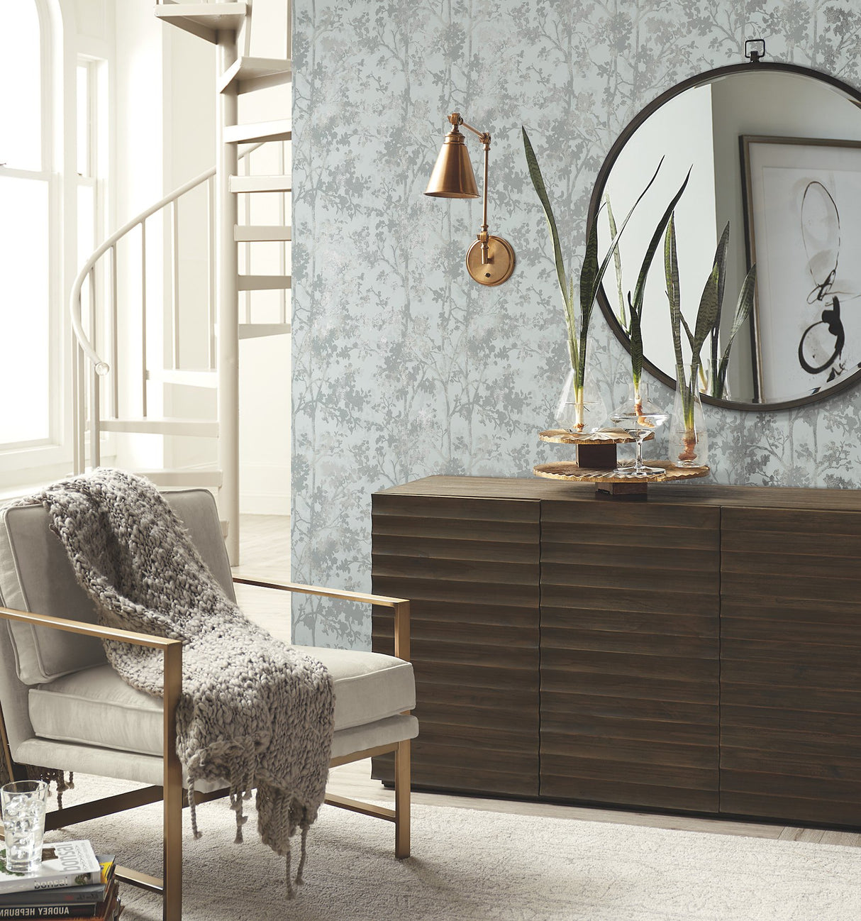 Shimmering Foliage Spa & Silver Wallpaper with Metallic Botanical Tree Motif - York MD7142