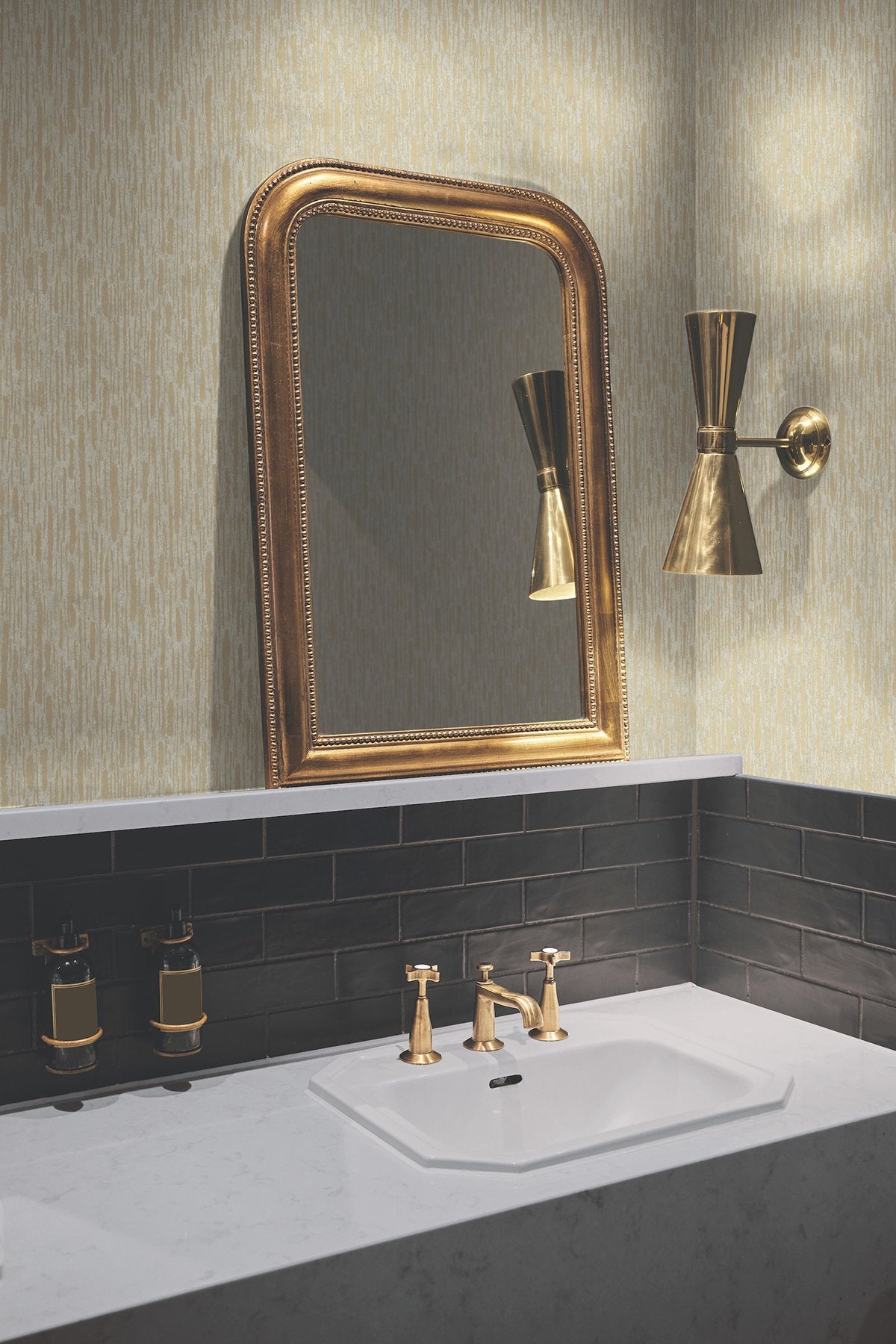 Metallic Cascade Neutrals & Gold Wallpaper with Metallic Textured Brushstroke Pattern - York MD7152