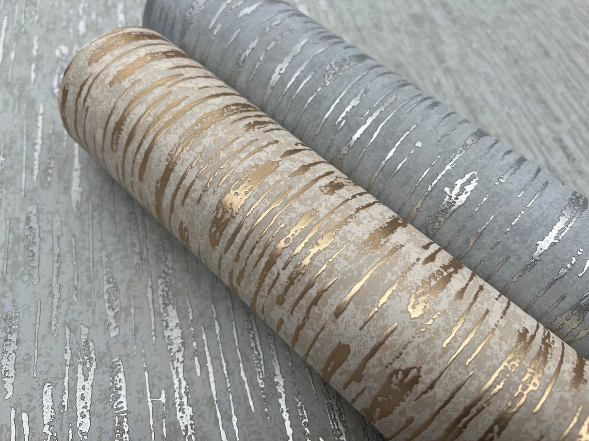Metallic Cascade Pale Green & Silver Wallpaper with Metallic Textured Vertical Brushstroke Stria - York MD7153