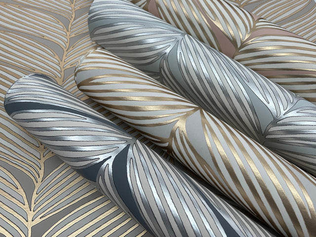 Luminous Leaves Blush & Gold Wallpaper with Metallic Tropical Leaf Motif - York MD7161