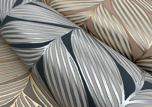 Luminous Leaves Blush & Gold Wallpaper with Metallic Tropical Leaf Motif - York MD7161