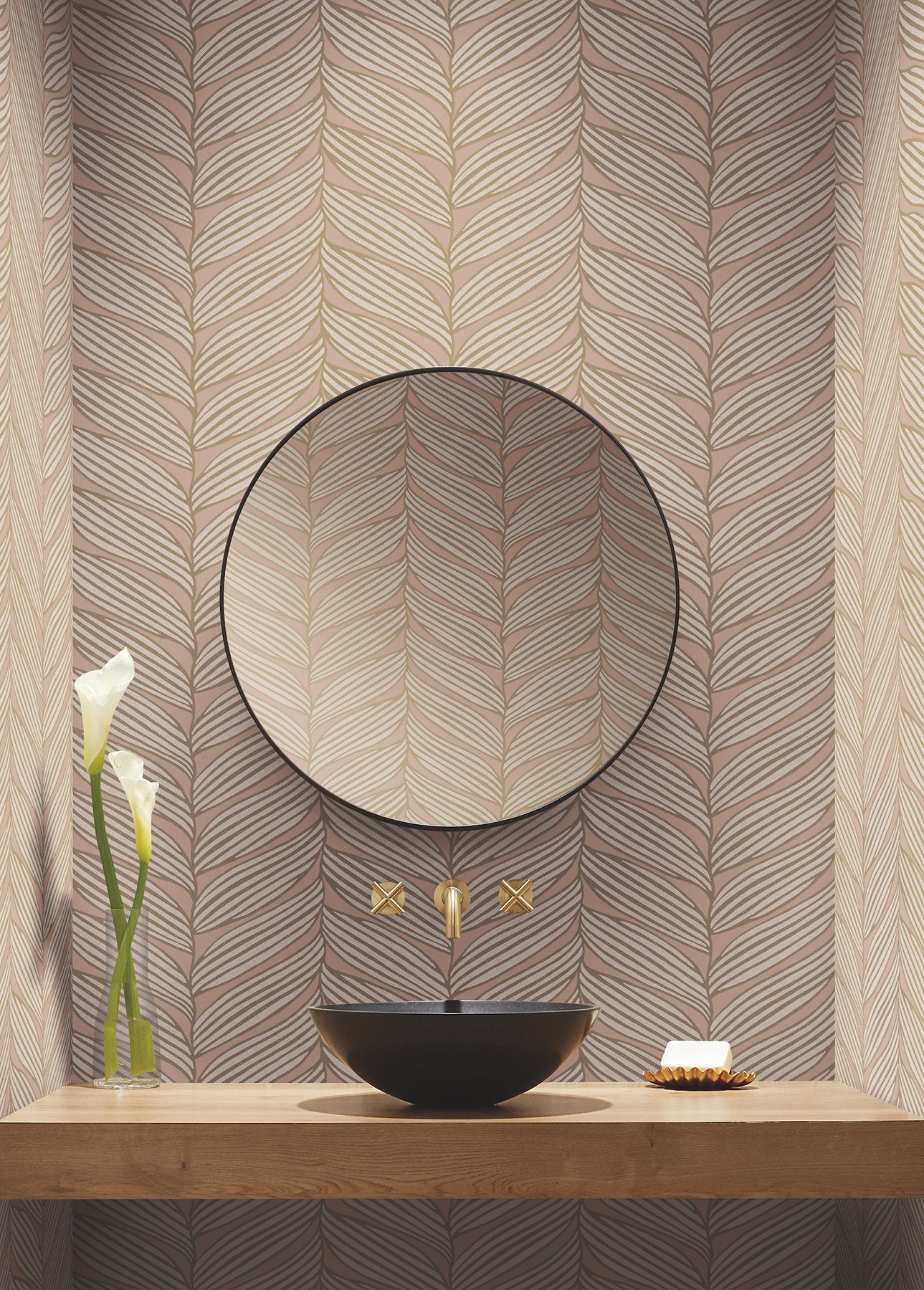 Luminous Leaves Blush & Gold Wallpaper with Metallic Tropical Leaf Motif - York MD7161
