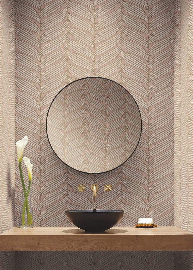 Luminous Leaves Blush & Gold Wallpaper with Metallic Tropical Leaf Motif - York MD7161