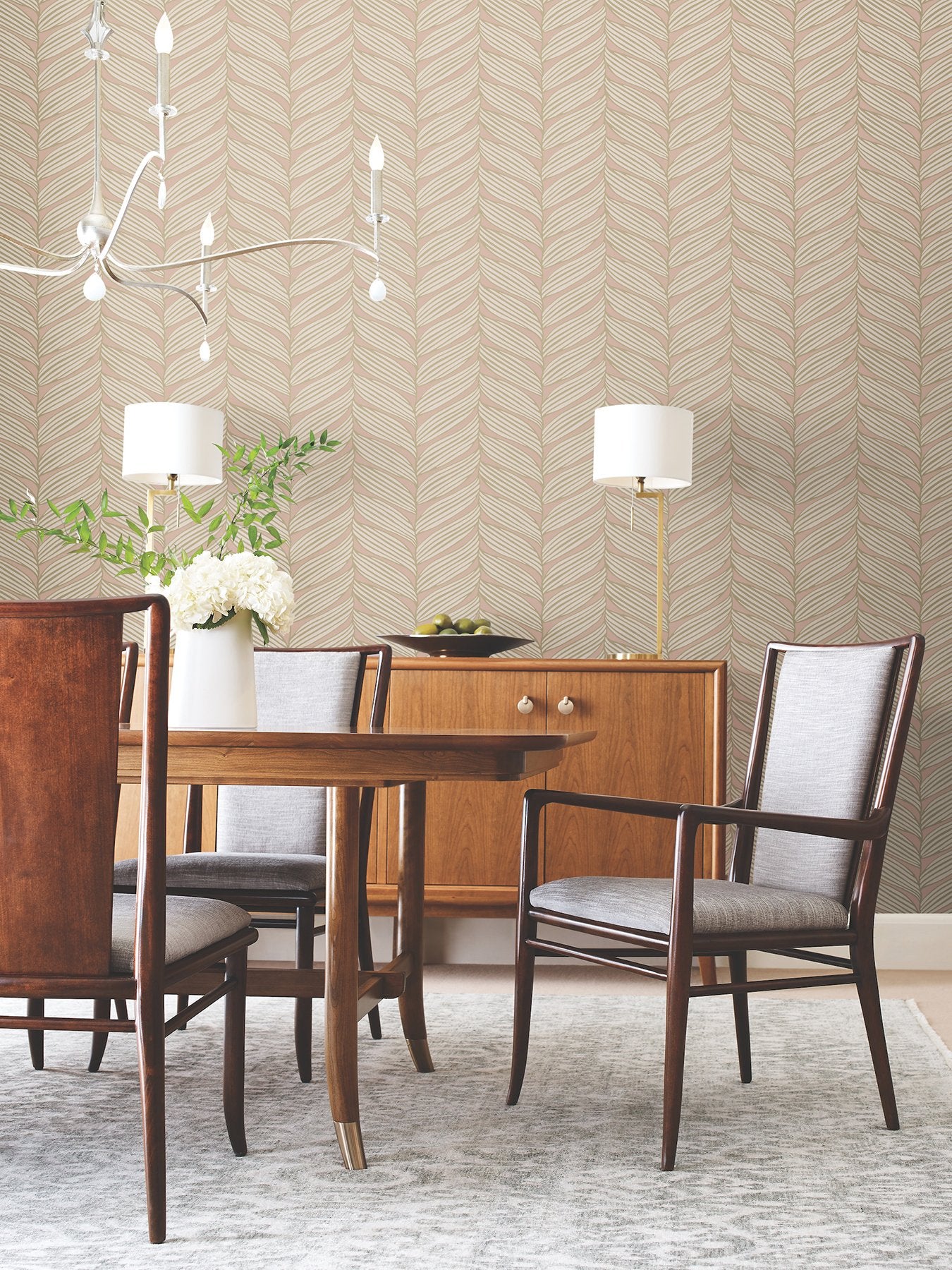 Luminous Leaves Blush & Gold Wallpaper with Metallic Tropical Leaf Motif - York MD7161