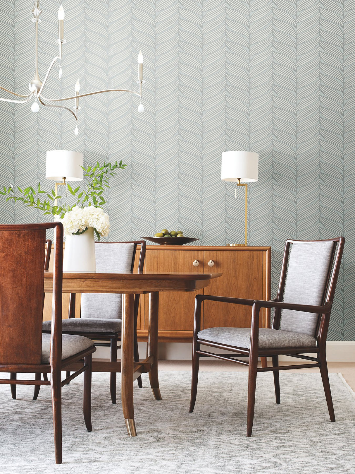 Luminous Leaves Spa & Silver Wallpaper with Metallic Tropical Palm Motif - York MD7165