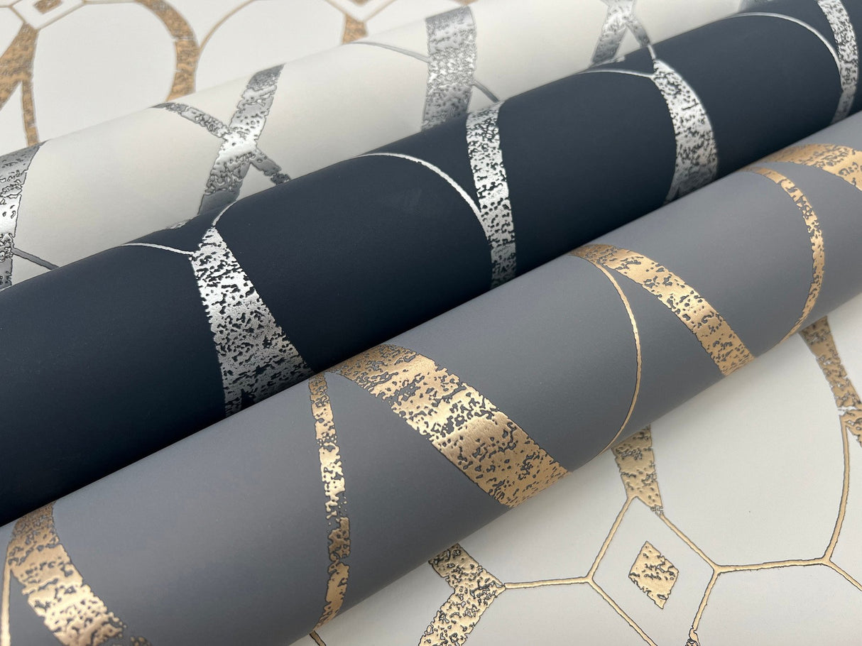 Graceful Geo Navy & Silver Wallpaper with Metallic Geometric Motif - York MD7174