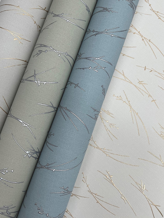 Sprigs Light Grey & Gold Botanical Metallic Non Woven Wallpaper - York MD7191