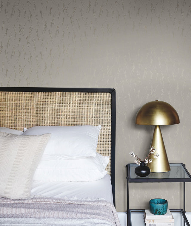 Sprigs Light Grey & Gold Botanical Metallic Non Woven Wallpaper - York MD7191